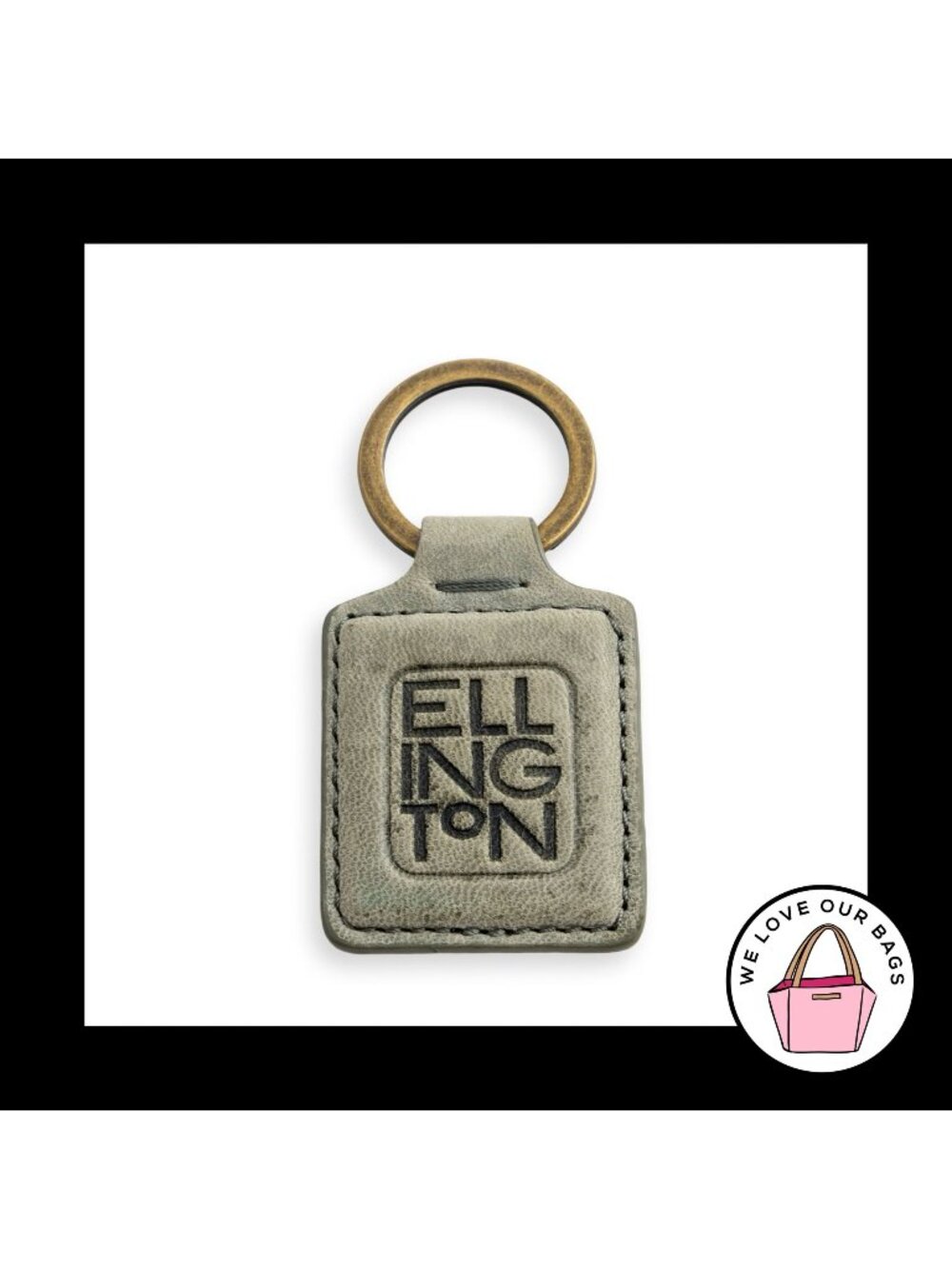 Vintage Y2K ELLINGTON Keychain Bag Charm Green Leather Antique Brass HangTag Fob